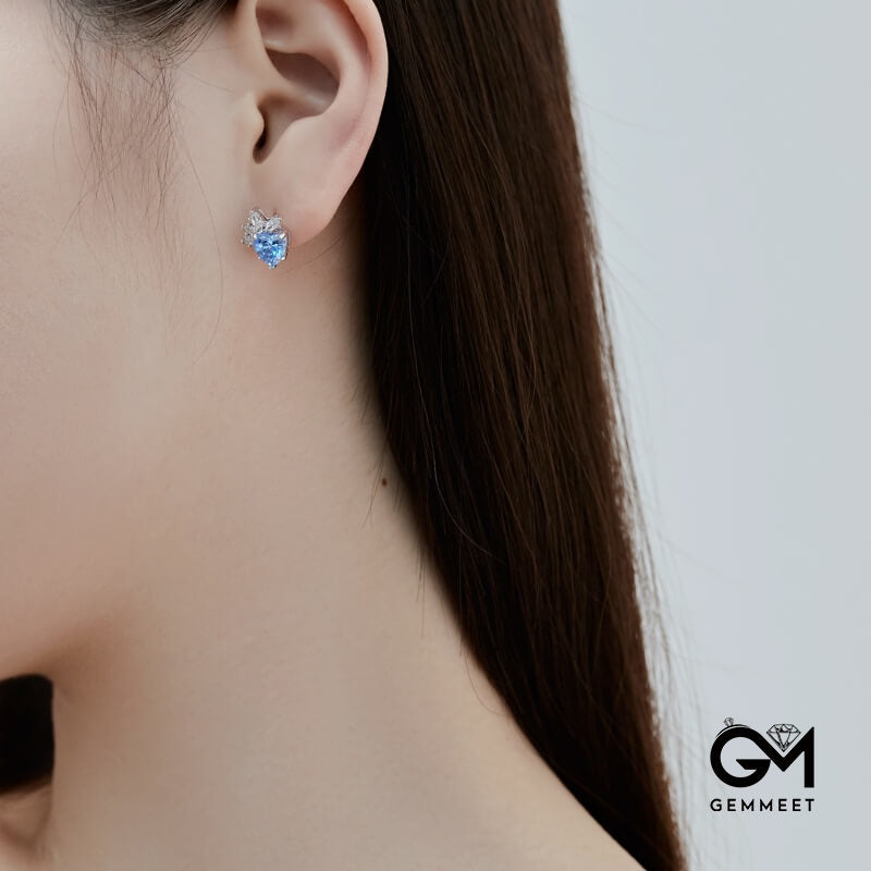 S925 Sterling Silver Sea Blue Heart Stud Earrings