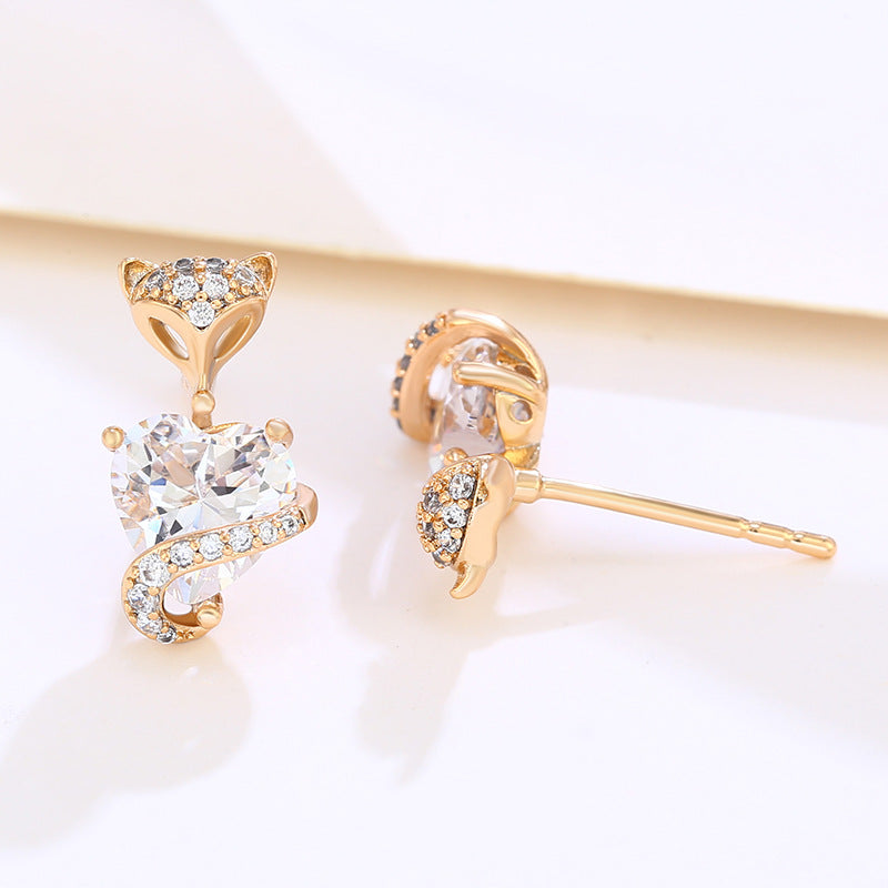 Cartoon Cute Little Fox with Zirconium Heart Earrings
