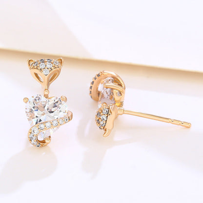 Cartoon Cute Little Fox with Zirconium Heart Earrings
