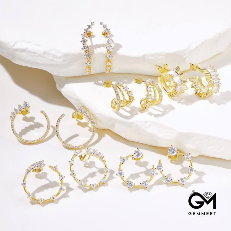 S925 Sterling Silver White Round Zircon Asymmetrical Earrings