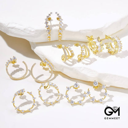 S925 Sterling Silver White Round Zircon Asymmetrical Earrings