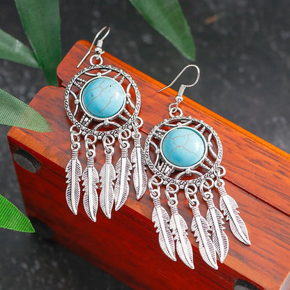 Turquoise Color Silver Feather Tassel Earrings