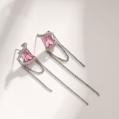 Square Zircon Bundle Long Tassel Chain Earrings for Women