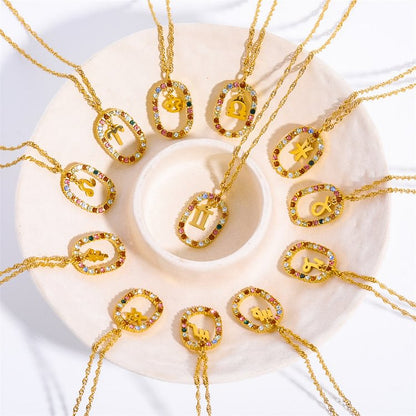 Zircon Openwork Oval Constellation Zodiac Necklace