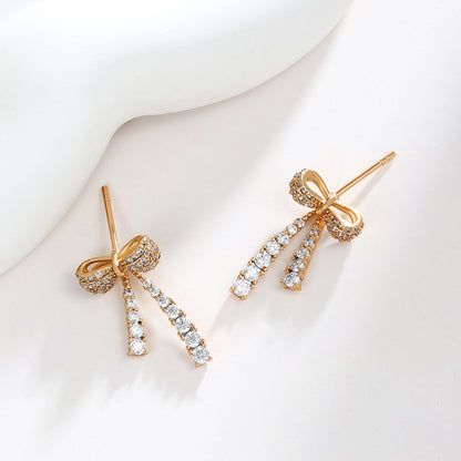Micro Studded Zirconium Tassel Bow Earrings for Women