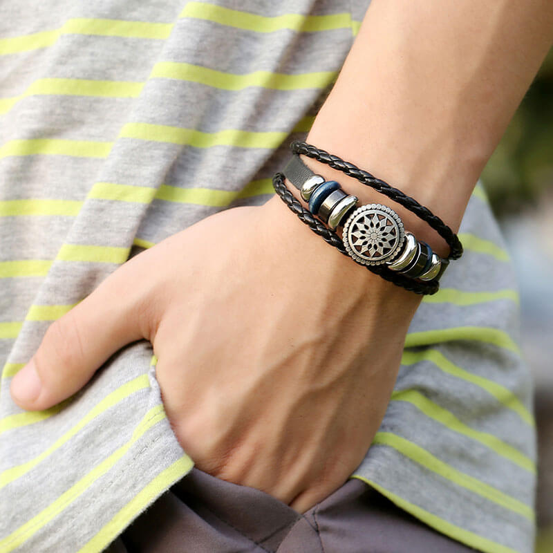 Helios Motif Simple Woven Leather Bracelet