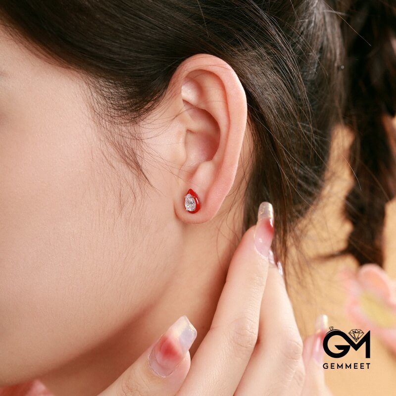 S925 Sterling Silver Red Water Drop Rubber Earrings