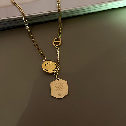 Fashion Personality Polygon Square Brand Smiley Face Titanium Steel Necklace
