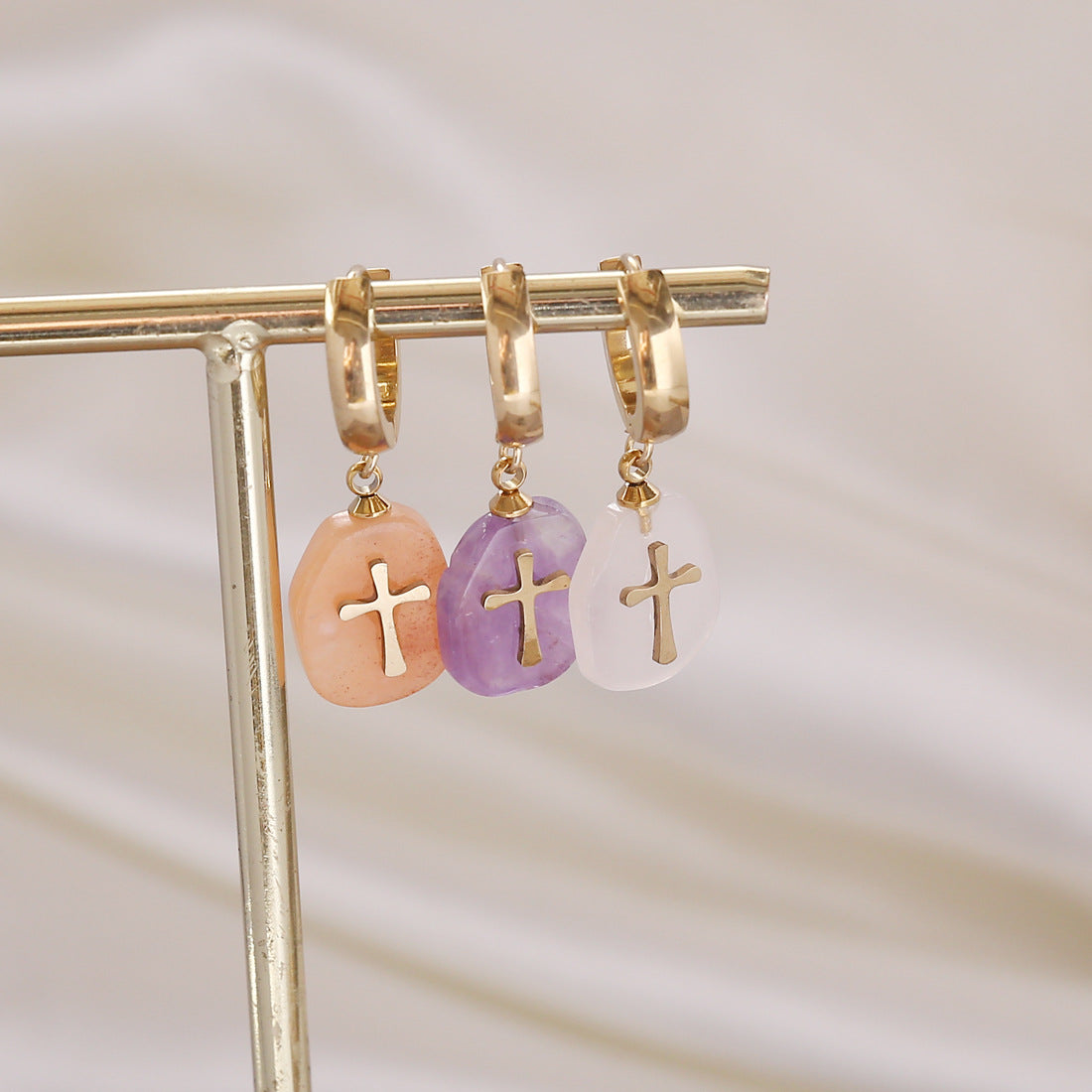 Bohemia Cross Totem Color Stone Dangle Earrings