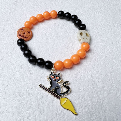 Halloween Pumpkin Bat Bracelet Acrylic Faux Pearl Orange Line Bracelet