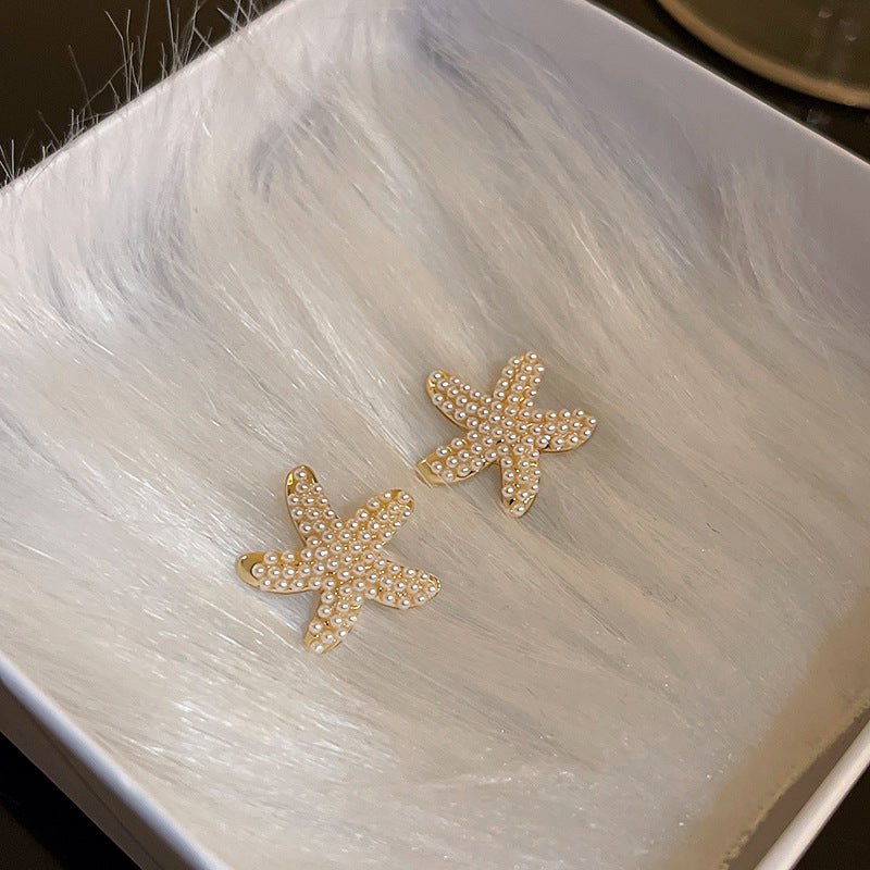 Silver Pin Personality Pearl Star Earrings