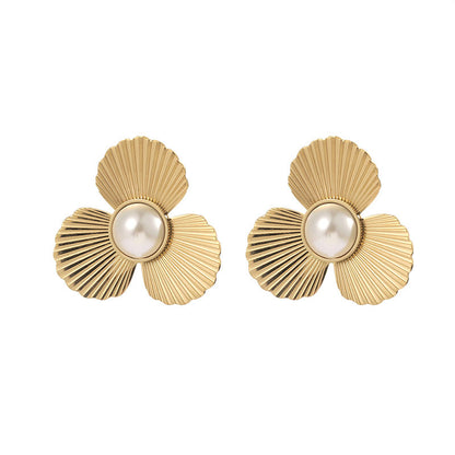 Gold Titanium Steel Pearl Flower Earrings
