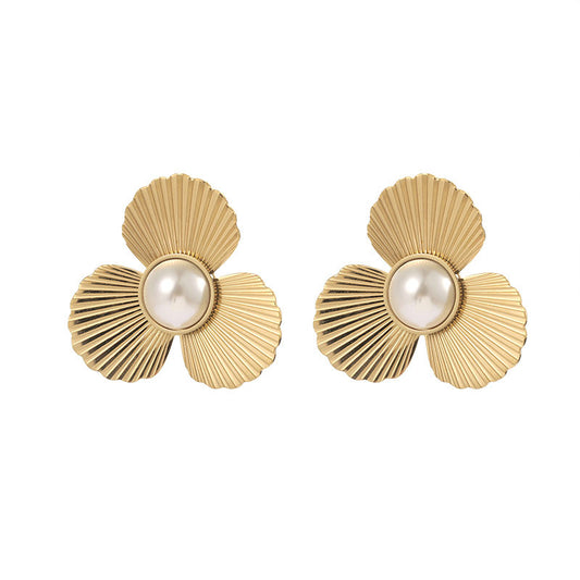 Gold Titanium Steel Pearl Flower Earrings