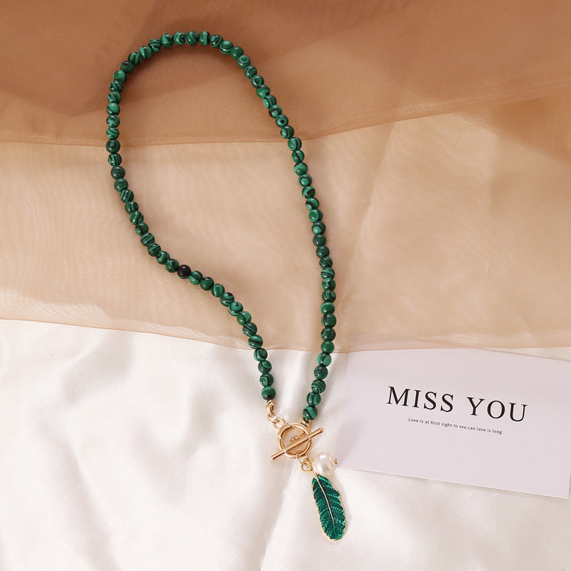 Malachite Leaf Pearl Drop Oil Necklace