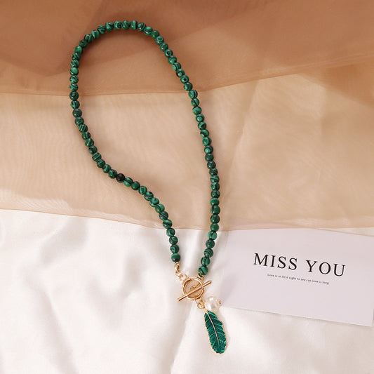 Malachite Leaf Pearl Drop Oil Necklace