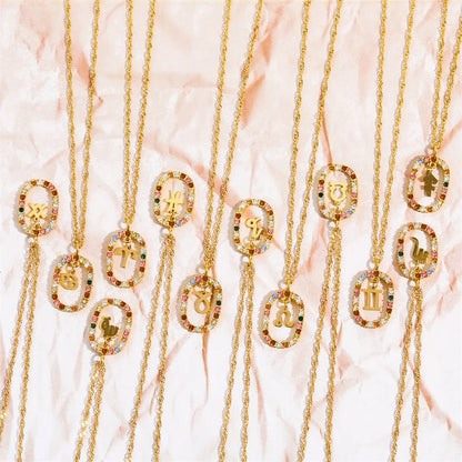 Zircon Openwork Oval Constellation Zodiac Necklace