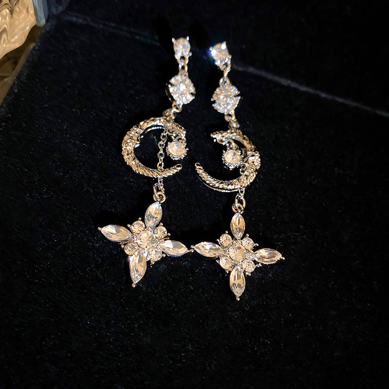 Cute Full Stones Moon & Flower Shape Drop Earrings