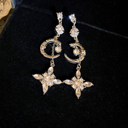 Cute Full Stones Moon & Flower Shape Drop Earrings