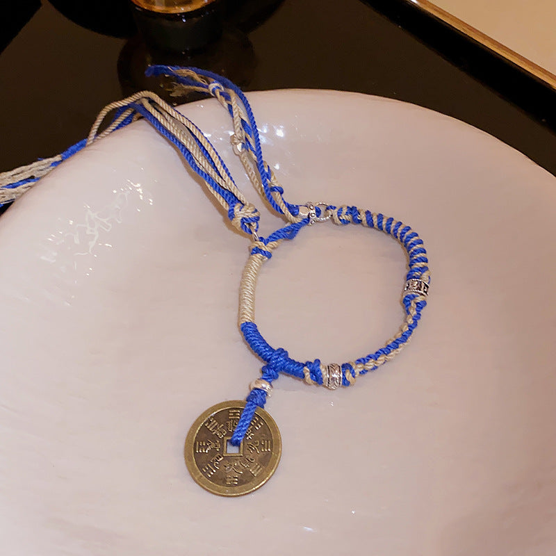 Braided Rope Fringe Bracelet with Copper Coins