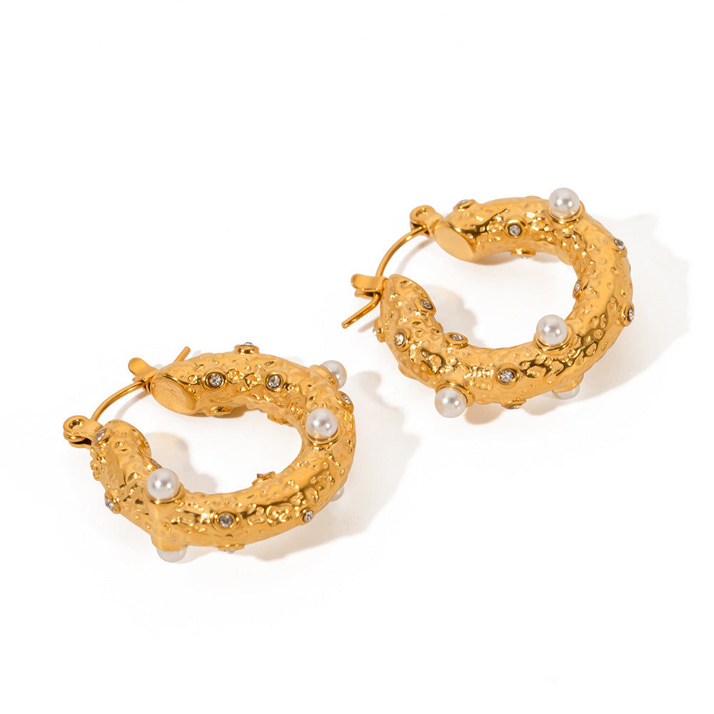Gold Stainless Steel Hammer Cubic Zirconium Earrings