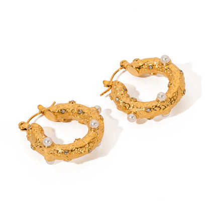 Gold Stainless Steel Hammer Cubic Zirconium Earrings