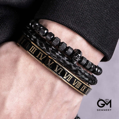 3pcs/Set Skull Stainless Steel Oil Dropped Roman Numeral Bracelet Set