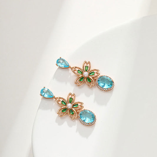 Vintage Flower Water Drop Inlaid Blue Zircon Earrings