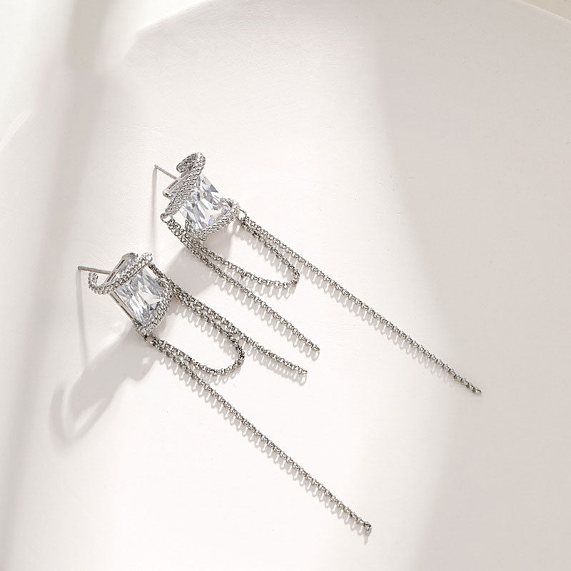 Square Zircon Bundle Long Tassel Chain Earrings for Women