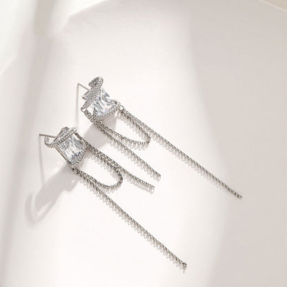 Square Zircon Bundle Long Tassel Chain Earrings for Women