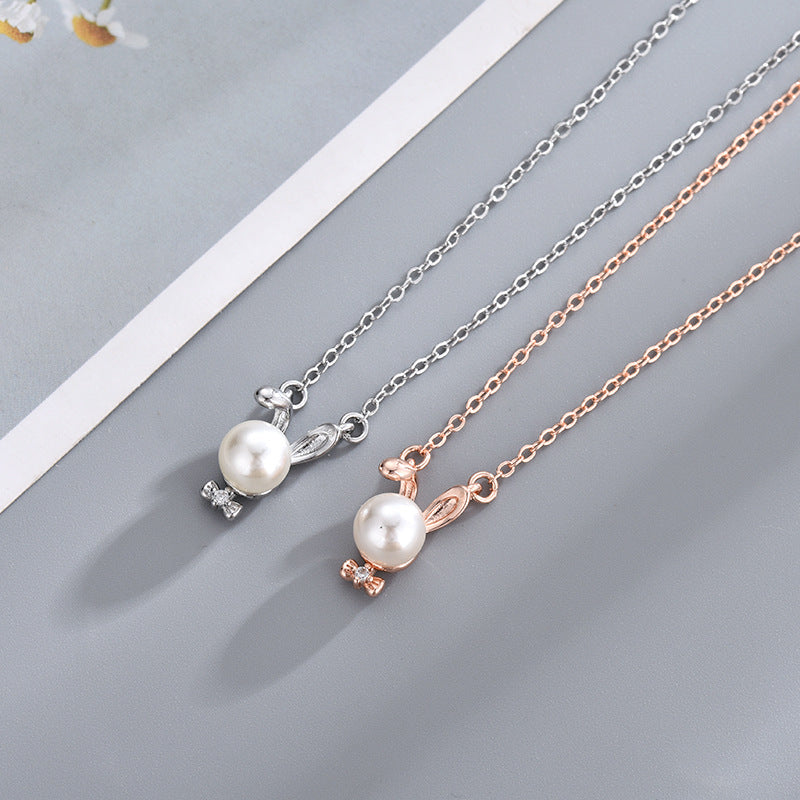 Bow Pearl Rabbit Necklace