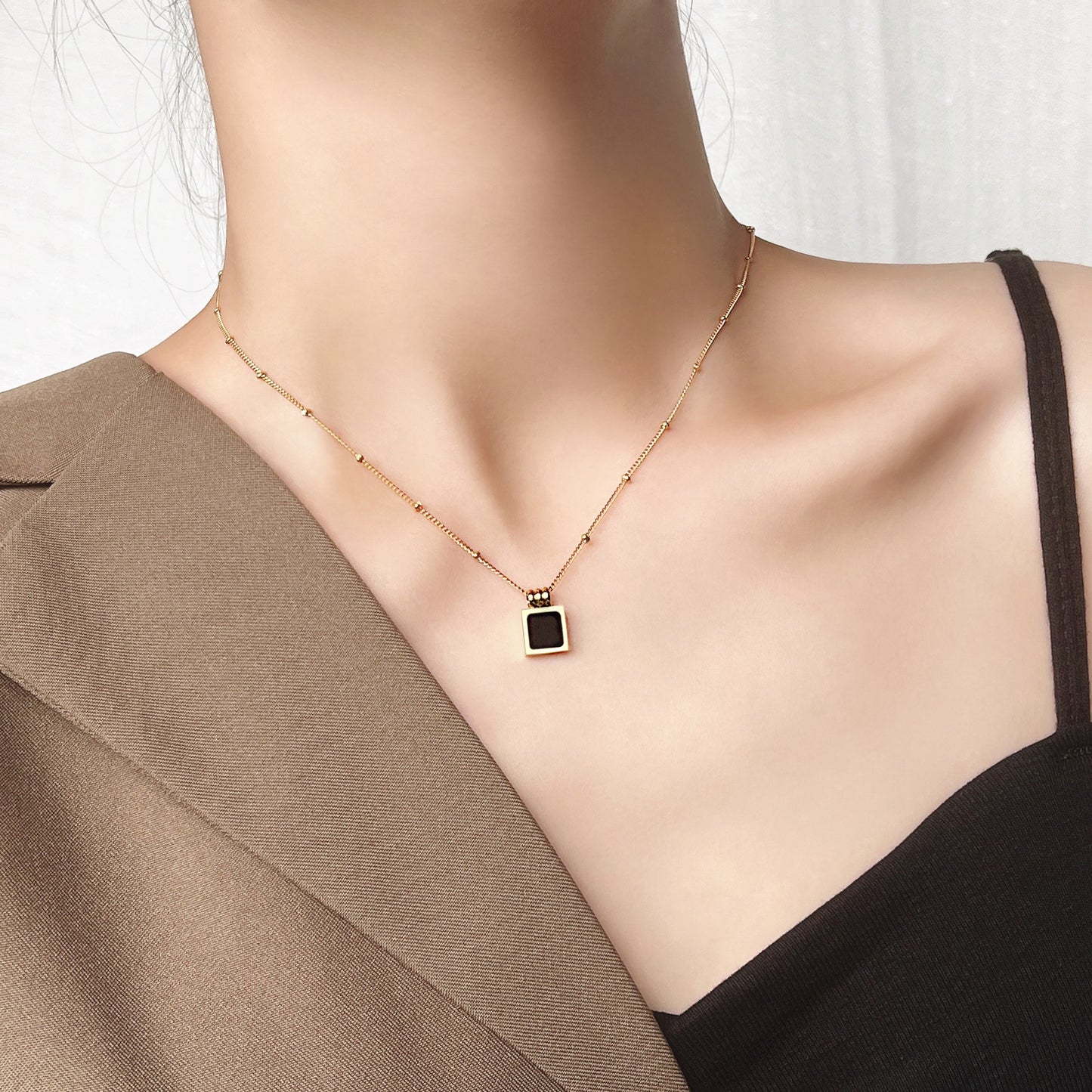 Square Black Fritillary Light Luxury French Clavicle Titanium Steel Necklace