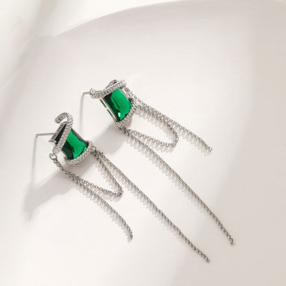 Square Zircon Bundle Long Tassel Chain Earrings for Women