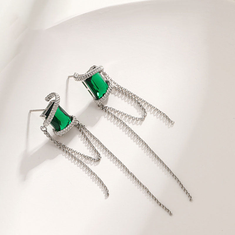 Square Zircon Bundle Long Tassel Chain Earrings for Women