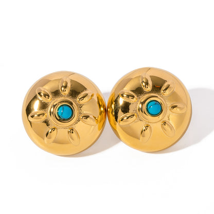 Gold Stainless Steel Turquoise Stud Earrings