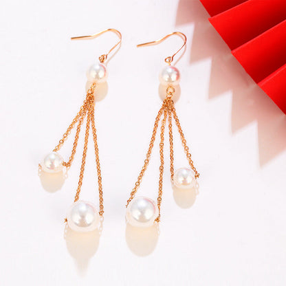 K Gold Long Tassel Imitation Pearl Earrings