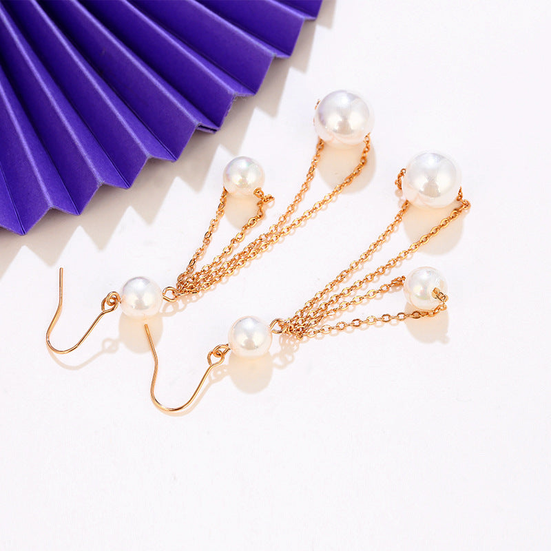 K Gold Long Tassel Imitation Pearl Earrings