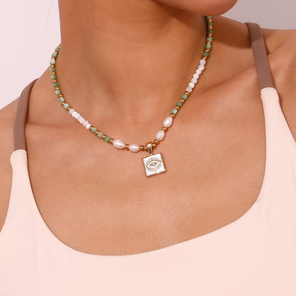 Green Stone Devil's Eye Pendant Necklace