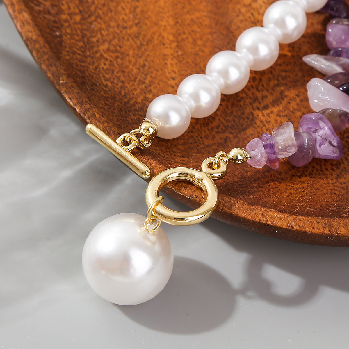 Half Design Pearls & Irregular Purple Stones Link Necklace