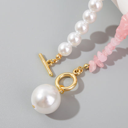 Half Design Pearls & Irregular Pink Stones Link Necklace