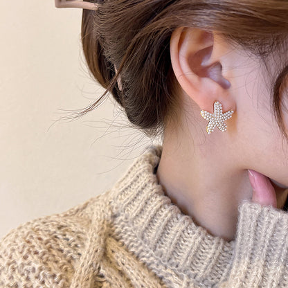 Silver Pin Personality Pearl Star Earrings
