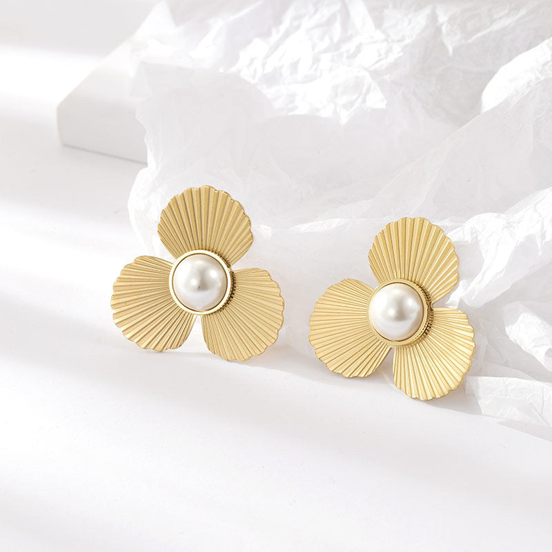 Gold Titanium Steel Pearl Flower Earrings