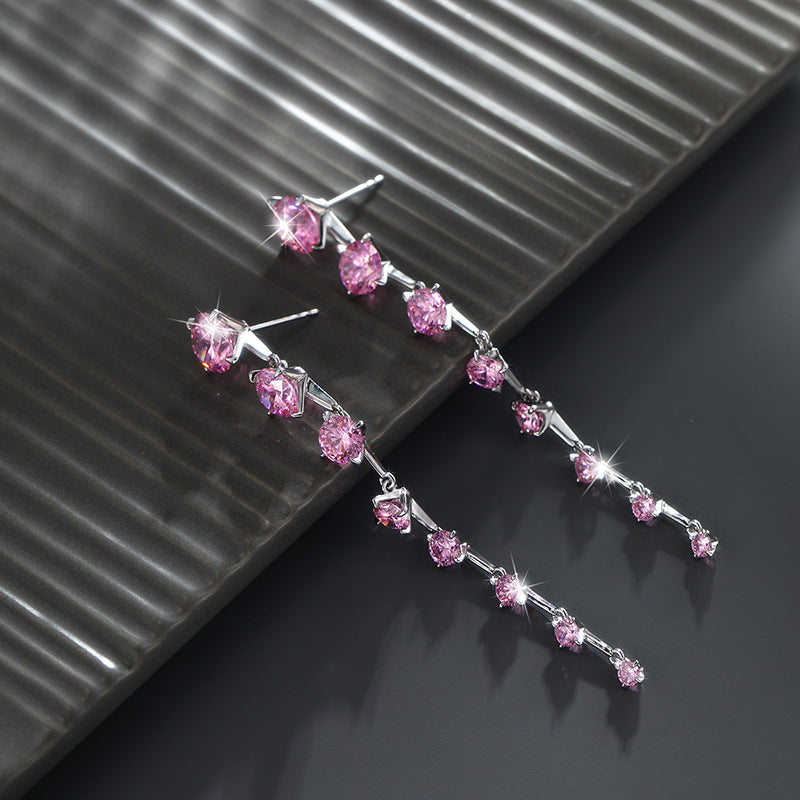 Sakura Pink Zircon Long Tassel Earrings