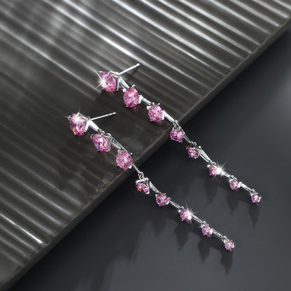 Sakura Pink Zircon Long Tassel Earrings