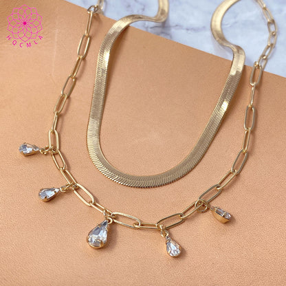 Snake Bone Hollow Water Drop Zircon Double Necklace