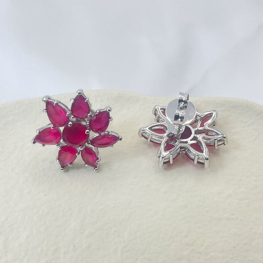 Seven Petal Pink Zircon Inlaid Stud Earrings