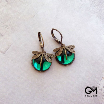 Vintage Green Dragonfly Crystal Earrings