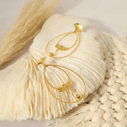 Dragonfly Gingko Drop Stainless Steel Earrings