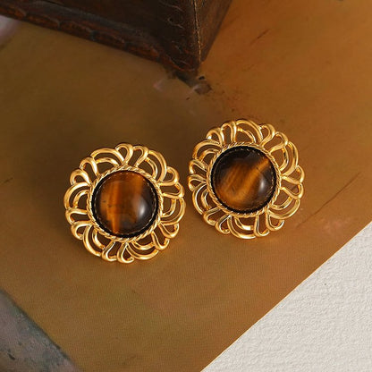 Tiger Eye Sunflower Golden Earrings