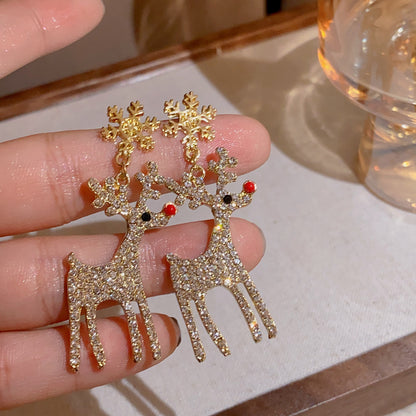 Cute Full Stones Elk & Snowflake Drop Earrings