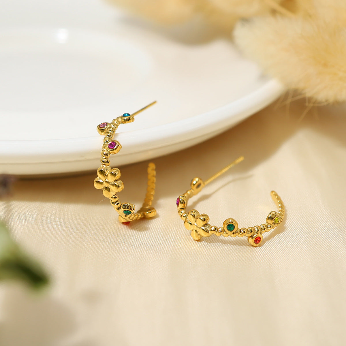 Gold-plated Stainless Steel Flower Zircon Earrings